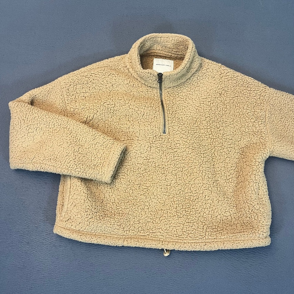 American Eagle Tan Sherpa Fleece 1/4 Zip Pullover Mock Neck Womens Small Teddy